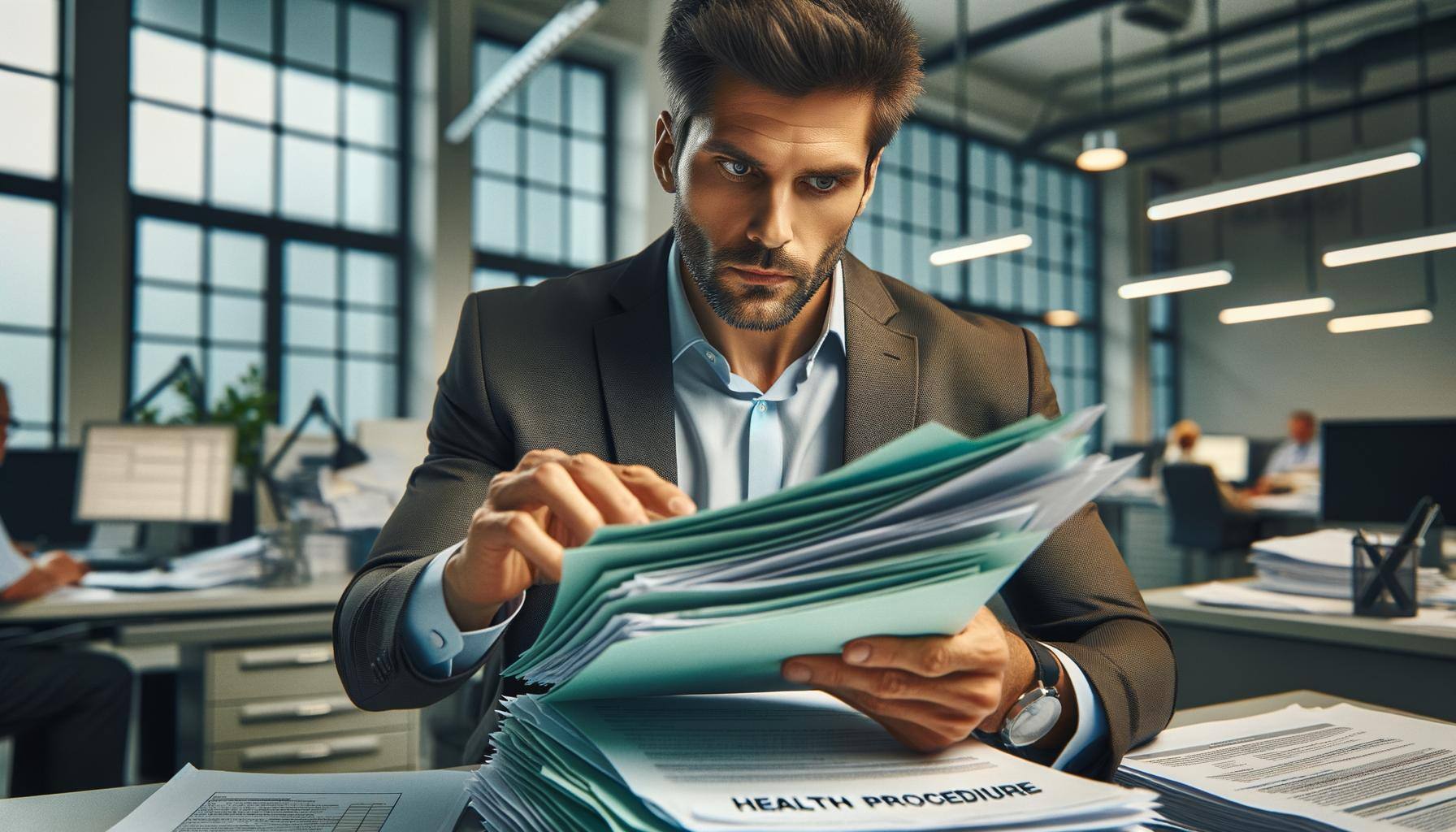 Gestor manejando documentos de trámites de salud